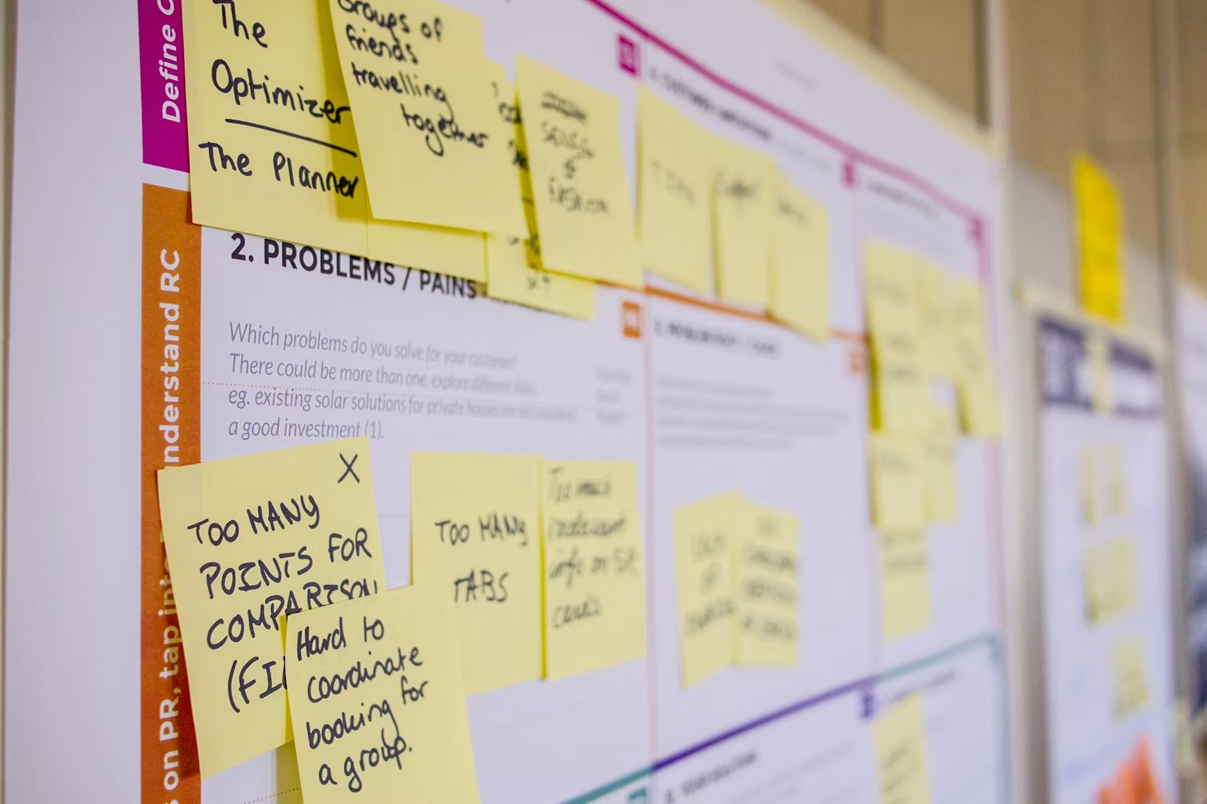 Brand strategy workshop board covered in sticky notes